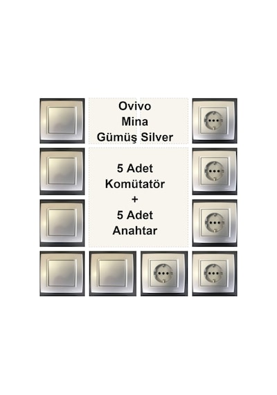 Ovivo Mina Gümüş Silver 5 Adet Topraklı Priz+ 5 Adet Anahtar