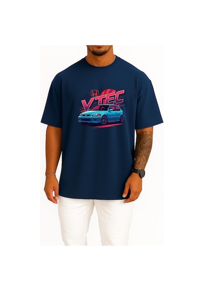 Bahriyeli Collection Oversize Honda Civic Vtec Hb Göğüs Tasarımlı Unisex T-shirt Lacivert