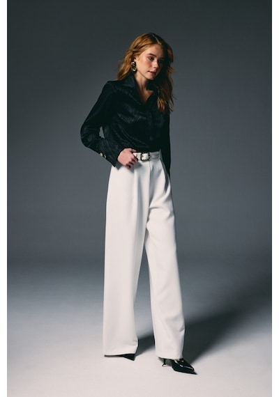 Sateen Kemerli Bol Pantolon - Ekru-136822 Ekru