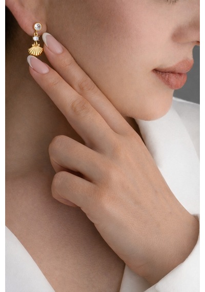 Çekirdekjewelry 925 Ayar Gümüş Gold Kaplama İstiridye Küpe Sarı