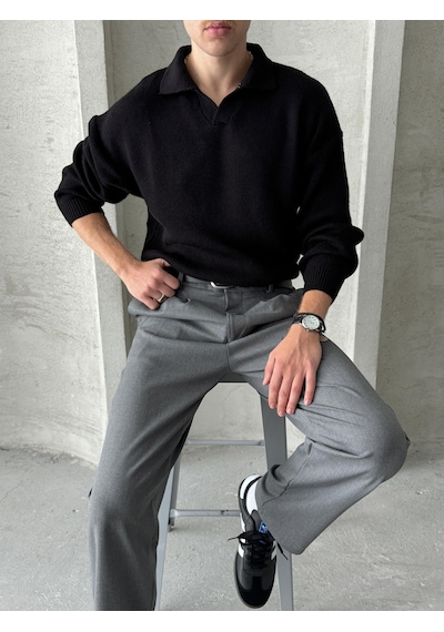 Erkek Polo Yaka Örme Oversize Kazak Siyah