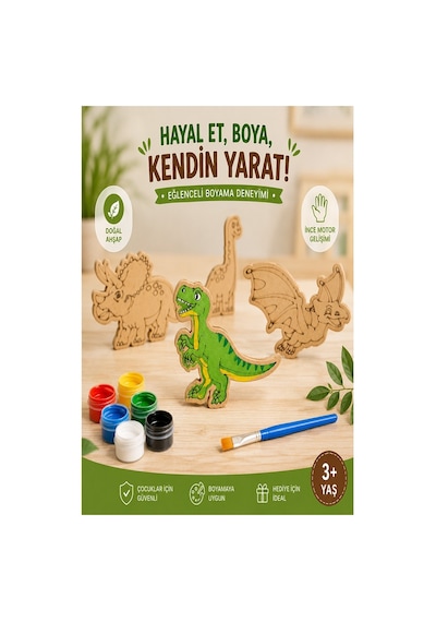 Ahşap Boyama Dinozor 10 Lu 1 Paket 10x15cm Ahşap Boyama 6 Renk Boya Resim Fırçası Etkinlik Çocuk Gelişim Motor Beceri