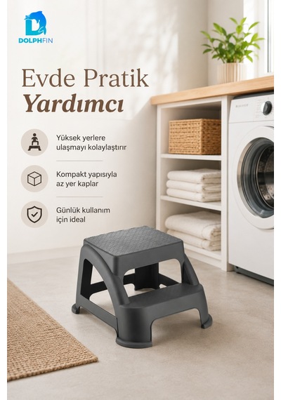 İki Basamaklı Plastik Basamak Taburesi Dokulu Yüzeyli Gri 40x38x29 Cm Çok Renkli