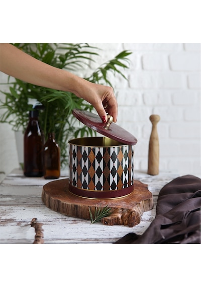Circus Desenli Topuz Kulplu Yuvarlak Metal Saklama Kabı 17.5 x 13 CM 2.9 L Çok Renkli