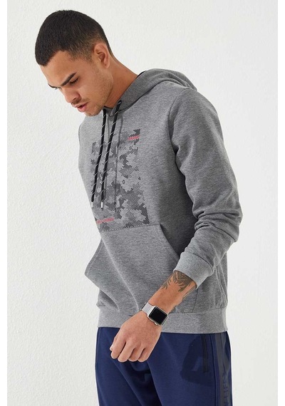 Tommy Life Gri Melanj Kamuflaj Desen Baskılı Standart Kalıp Kapüşonlu Erkek Sweatshirt - 87884 GRİ MELANJ