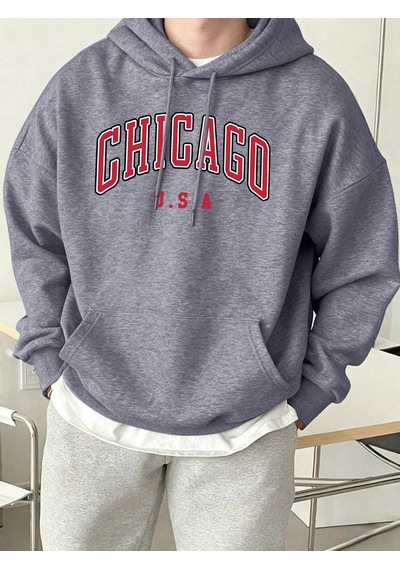 Startmore Tarzsokak Chicago Abd Mektup Baskılı Erkek Günlük Kapüşonlu Sweatshirtler Her Şeyle Uyumlu Polar Sweats Gri