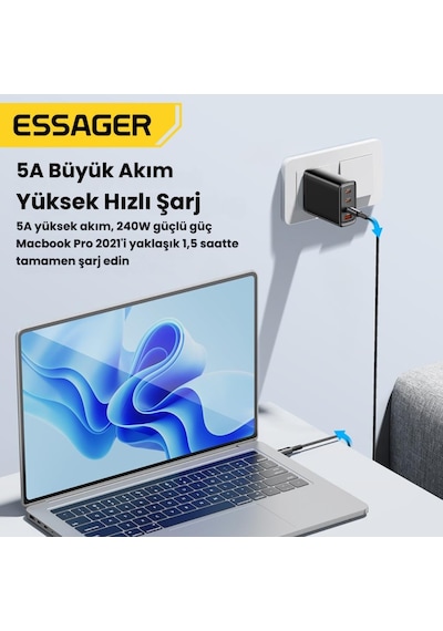 Essager 1 Metre 240w 5a Pd3.1 Type-c To Type-c Mega Hızlı Data Şarj Kablosu, Ultra Sağlam Halat Kablo Kopmaz