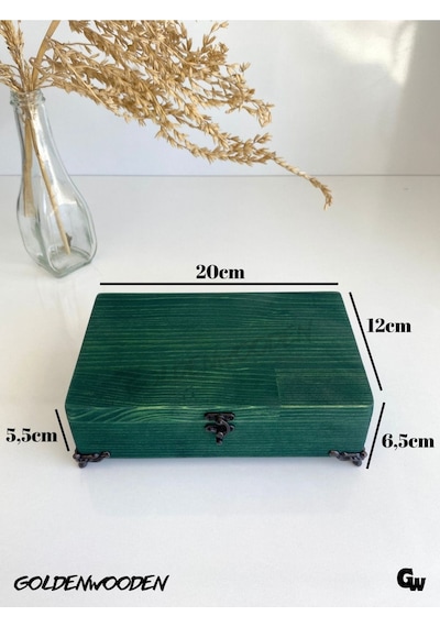 Doğal Ahşap Takı Kutusu Ahşap Saklama Kutusu Yeşil Beyaz Çam Boy:20cm En:12cm Yük:6,5cm