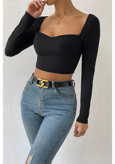 Angbutik Kadın Siyah Uzun Kol Göğüs Dekolteli Şık Crop Top Bluz