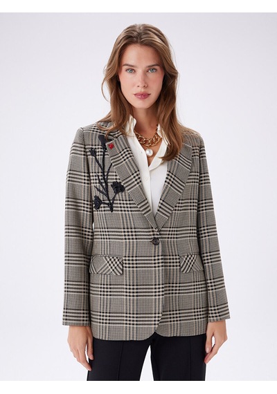 Faik Sönmez Yakası Aplike Detaylı Kazayağı Desen Blazer Ceket W27ckt015 Uw27ckt01534 Bej