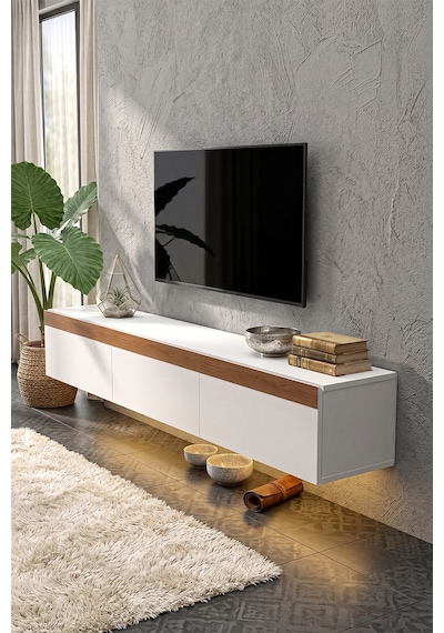 Pureline Tech Led Işıklı Tv Ünitesi 180 Cm - Modern Tv Sehpası - Beyaz Çam