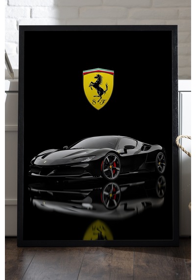 Ferrari Sf90 Spider Siyah Ahşap Çerçeveli Poster, Dekoratif Araba Duvar Tablosu