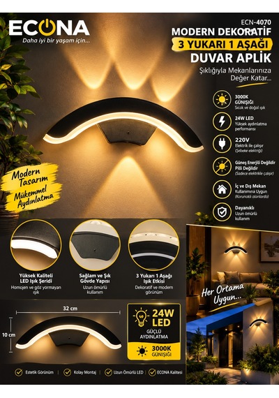 Modern Dekoratif 3 Yukarı 1 Aşağı Işık İzli Duvar Aplik - 3000k Günışığı 24w Ledli Dış/iç Mekan Aplik,ledli Lamba,led Lamba,duvar Aydınlatma
