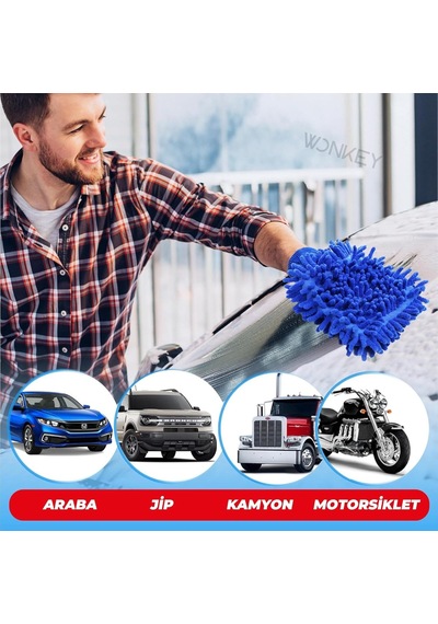 Wonkey - Peluş Araba Yıkama Ve Temizlik Eldiveni, Mikrofiber Oto Yıkama Eldiven, Çift Taraflı Araç Detay Eldiveni