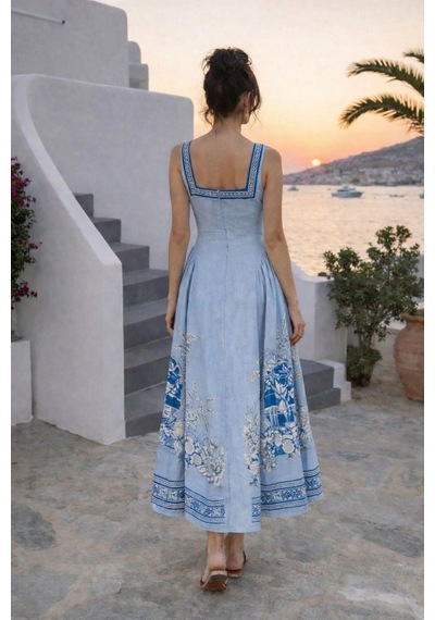 Asprinfashion Yan Büzgülü Kare Yaka Elbise Mavi