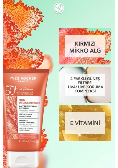 Yves Rocher Yüz&vücut Güneş Losyonu - Spf 50+ / Sun Double Defense - Kırmızı Mikro Alg 150ml