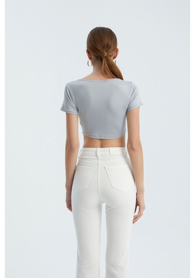 Hiccup Kare Yaka Temel Crop Top Açık Gri