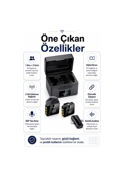 Kablosuz Tüylü Siyah Yaka Mikrofonu 1 Alıcı 2 Verici Şarj Kutulu Dijital Ekranlı 2.4g Gürültü Azaltmalı Type-c Lightning Uyumlu Mikrofon Seti Siyah Siyah