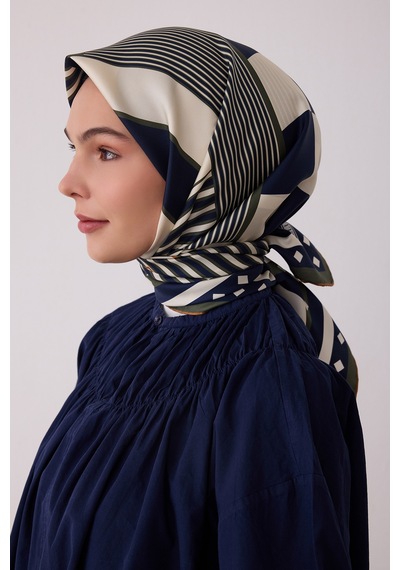Belli Geometrik Desen %100 Twill İpek Eşarp Be01 Lacivert