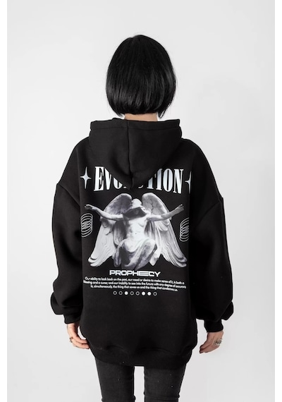 Startmore Evolution Baskılı Oversize Unisex Kapüşonlu Beyaz Siyah