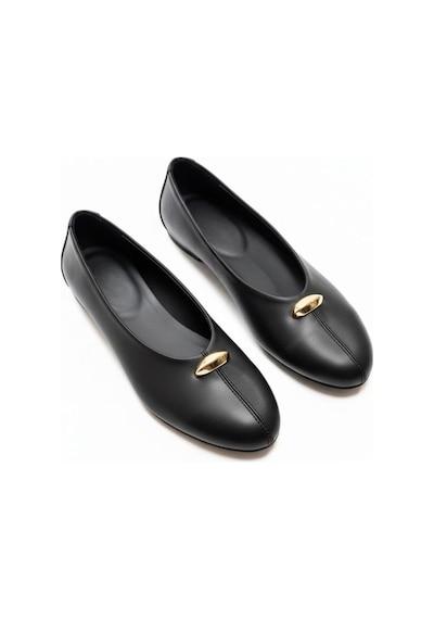 Ne&ve Shoes Siyah Hakiki Deri Gold Aksesuar Detaylı Kadın Günlük Babet
