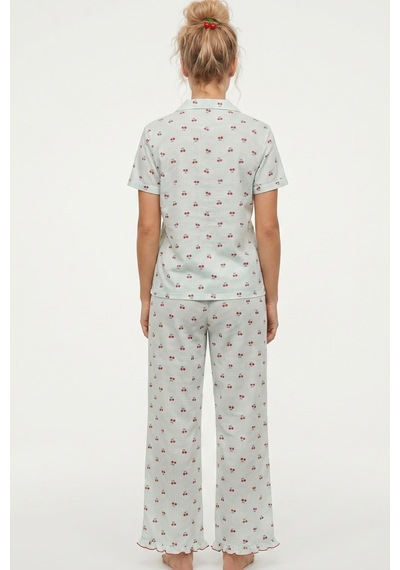 Siyah İnci İnce Soft Örme Mevsimlik Düğmeli Pijama Takımı 8043 Yeşil