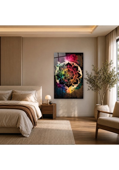 Boya Lekeli Renkli Mandala Çerçevesiz Cam Tablo