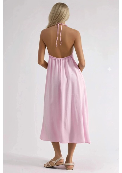 Hiccup Busem Halter Yaka Midi Elbise Toz Pembe
