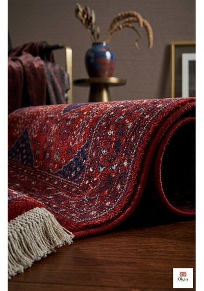 Premium Akrilik Bambu Halı Kırmızı Geleneksel Desenli Salon Halısı 8mm Dokuma Taban Yumuşak Bordo