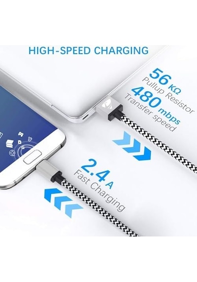 Usb Type-c Hızlı Şarj Kablosu, 1 Metre, 2.1a,  Naylon Örgülü Kopmaz Veri Kablosu, , Xiaomi, Ve Tüm Android Cihazlar İle Uyumlu, Gri,