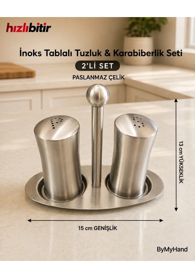 Bymyhand Paslanmaz Çelik Stantlı İnox Ev Lokanta Ve Restoran İçin Tuzluk Ve Karabiberlik 2'li Set Metalik Gri