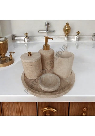 Sarı Traverten Klasik Model 5 Parça Mat Gold Renk Düğme Aksesuarlı Banyo Seti Sarı Traverten