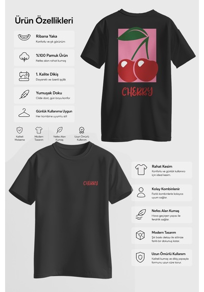 Spoyi Kiraz Rüyası Tasarımlı %100 Pamuk Yarım Oversize Siyah T-shirt