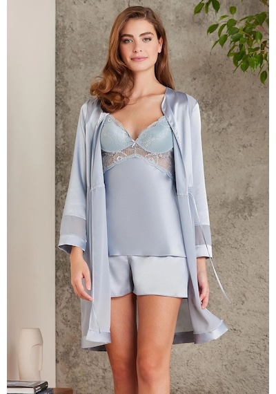 Pierre Cardin 7035 Kadın Mist Gelin Set 4'lü Saten Sabahlık Gecelik Şortlu Takım Mist