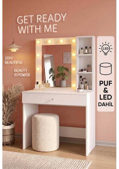 Hollywood Led Işıklı Puflu Makyaj Masası Takımı Çekmeceli Düzenleyici Raflı Beyaz Puf Led Dahil Hollywood Led Işıklı Puflu Makyaj Masası Takımı Çekmeceli Düzenleyici Raflı Beyaz Puf Led Dahil