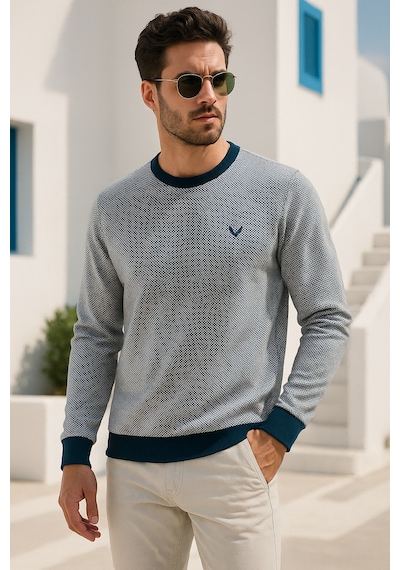 Rich Erkek Lacivert Kare Desenli Bisiklet Yaka Sweatshirt Lacivert