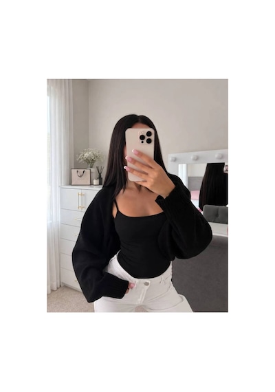 Flex Fashıon Kadın Sokak Modası Akrilik Crop Triko Hırka Siyah - 928384069 Siyah - 928384069 Siyah