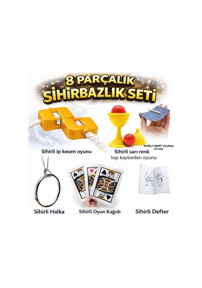 8 Li Sihirbazlık Seti Kibrit, Defter, Halka, Kupa, İp, 3 Lü Kart
