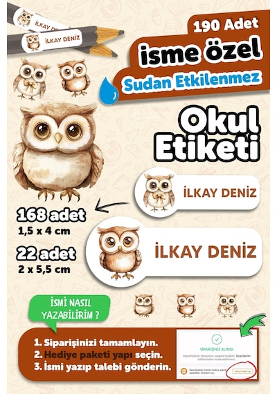 Okul Etiketi Kalem Defter İsimli Etiket Isim Yazılabilen Baykuş - 190 Adet Özel Tasarım Etiket Çok Renkli
