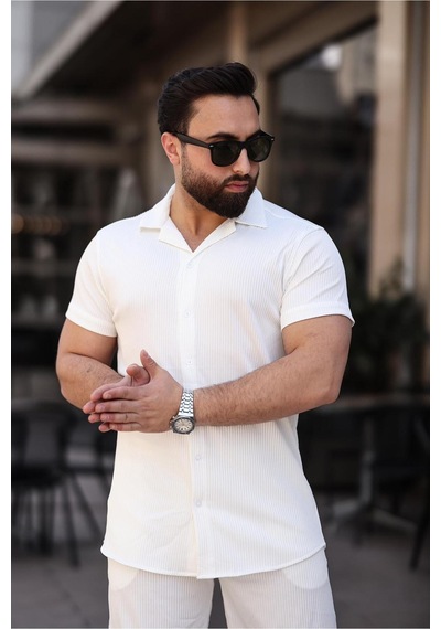 Mfz Giyim Beyaz Renk Ottoman Kumaş Slim Fit Erkek Şort - Gömlek Alt Üst Takım
