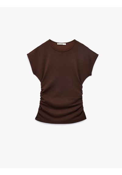 Koton Slim Fit Kısa Kollu Bisiklet Yaka Büzgülü Tişört Kahverengi 6sal10637ık Kahve