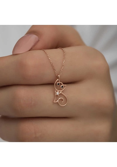 925 Ayar Gümüş Rose Kedi Kadın Gümüş Kolye Beyaz