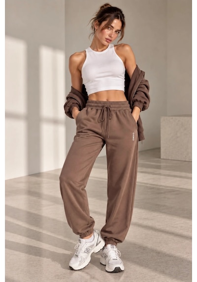 Bb Butik Basic Dökümlü Modal Kumaş Lastikli Bel Rahat Kesim Jogger Pantolon Zg3535 Kahverengi
