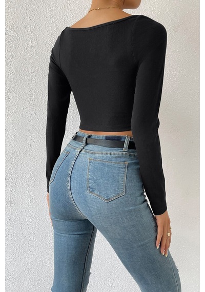 Kadın Siyah Uzun Kol Göğüs Dekolteli Şık Crop Top Bluz
