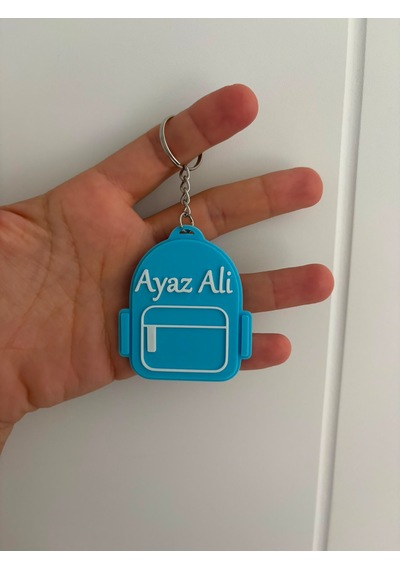 Kişiye Özel İsimli Okul Çantası Anahtarlığı Kişiselleştirilebilir Hediye Açık Mavi