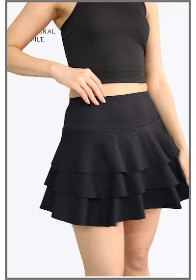 Mykonos Etek Siyah Içte Sabit Şortlu Yüksek Bel Likralı Bürümcük Kumaş Skirt With Shorts 1101 Siyah