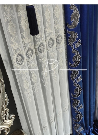 Tül Perde 32327 Nolu Desen Kadife Işleme Tül Perde Ekru