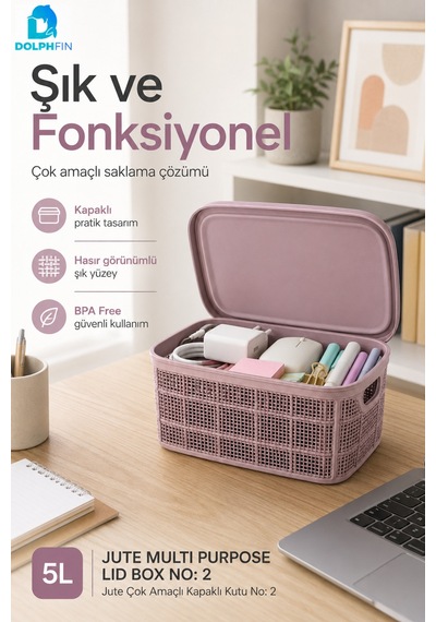 Jute Kapaklı Saklama Kutusu 5 L Plastik Mutfak Kiler Dolap İçi Organizer Mor