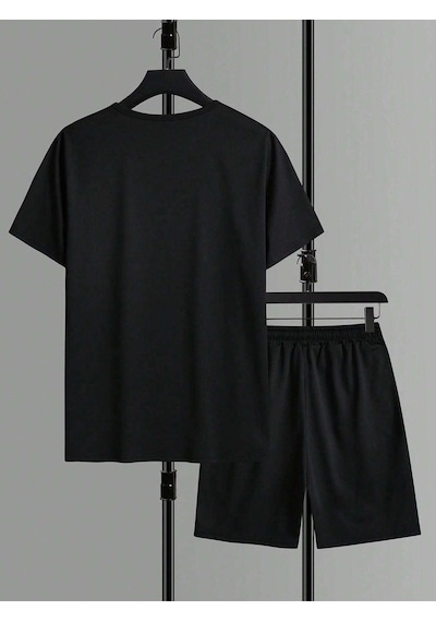 Basic Düz T-shirt Şort - Siyah Alt Üst Kombin Şort Tişört Takım Oversize Bisiklet Yaka Siyah
