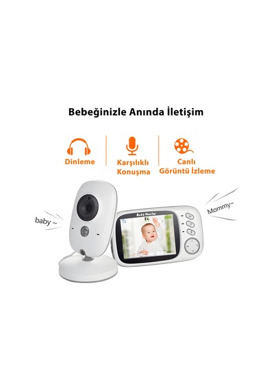Vb603 3.2 İnç Lcd 2.4ghz Kablosuz Gözetim Kamerası Bebek Monitörü, İki Yönlü Konuşma Desteği, Gece Görüşü Beyaz